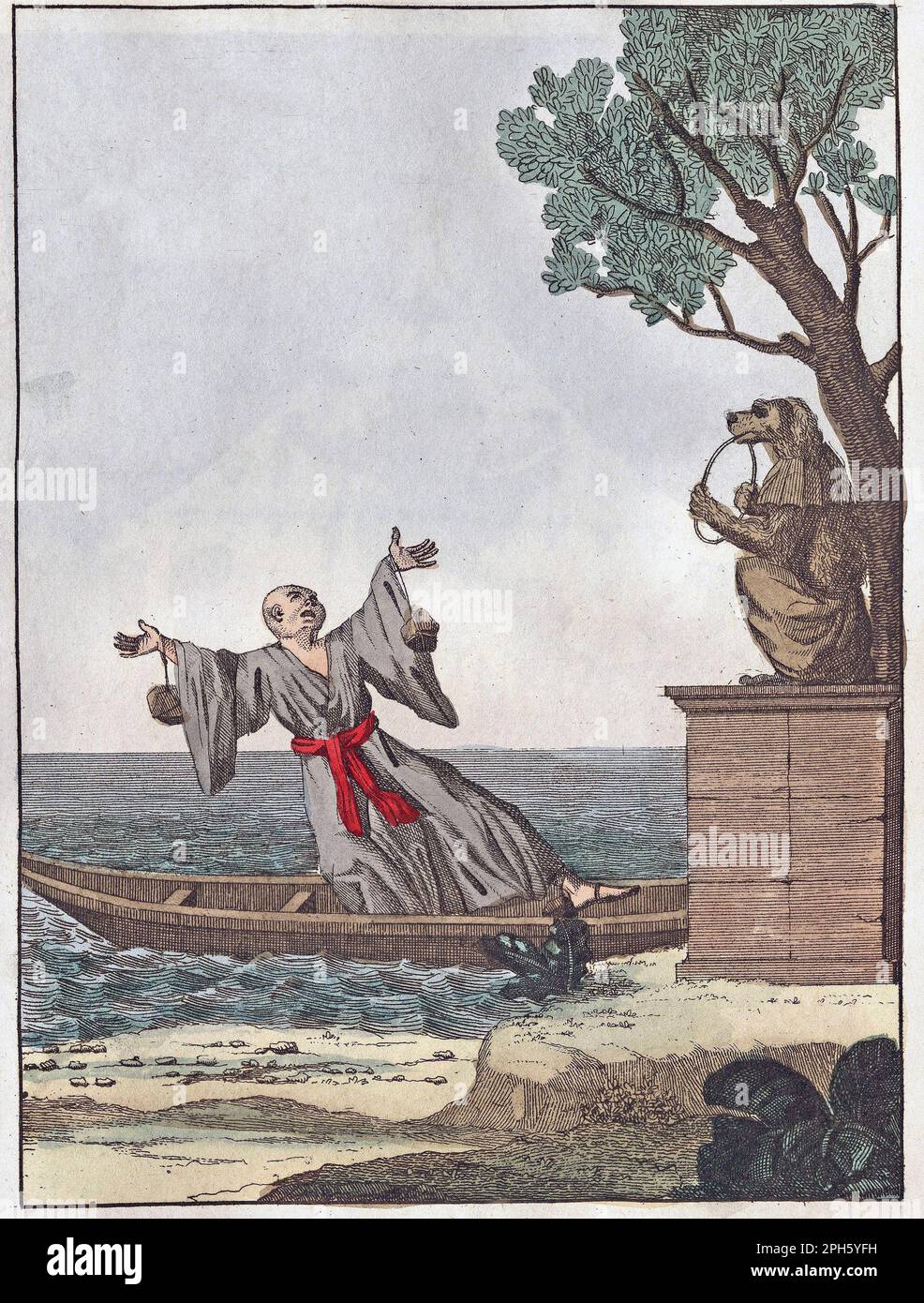 Rappresentazione di un uomo giapponese che commette suicidio per il dio Amida - rappresentazione d'un Japonais se suicidant pour le dieu Amida. Gravure in 'Moeurs et coutumes des peuples,ou Collection de tableaux representant les uses remarquables, les mariages, funerailles, supplices, et fetes des diverses nations du monde.', ed. Hocquart, 1811. Foto Stock