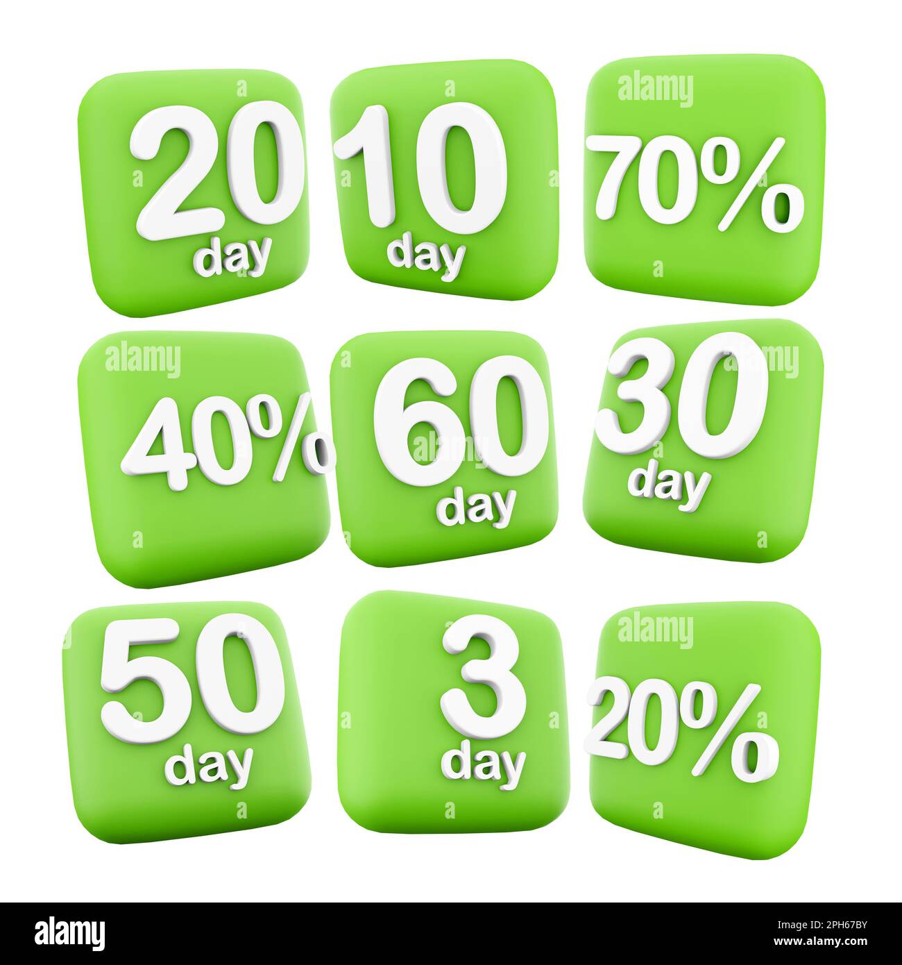 3d rendering 3, 10, 20, 30, 50, 60 giorno prima, icona a sinistra impostata. 3d rendering 20, 40, 70% set di icone. Conto alla rovescia per l'inizio della vendita e degli sconti Foto Stock