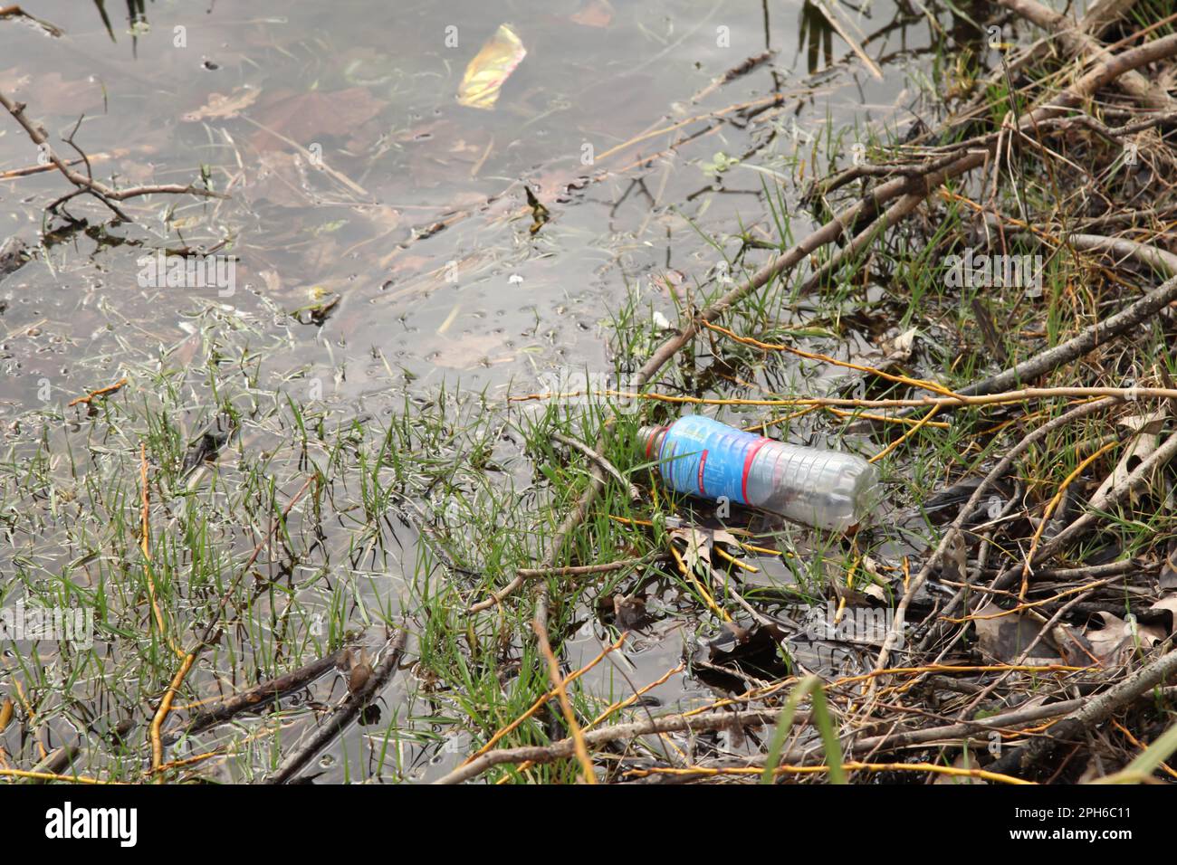 Una bottiglia di plastica gettata via inquinante stagno villaggio ad Ashtead, Surrey, Inghilterra, Regno Unito, 2023 Foto Stock