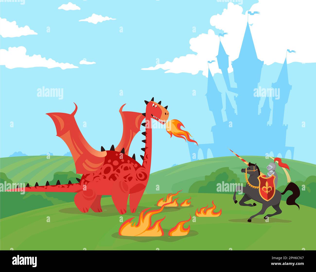 Knight Rider combatte enorme drago vicino al castello del regno antico. Guerriero in armatura con spada, creatura che respira il fuoco. Fiaba scena. Carino cartone animato Illustrazione Vettoriale