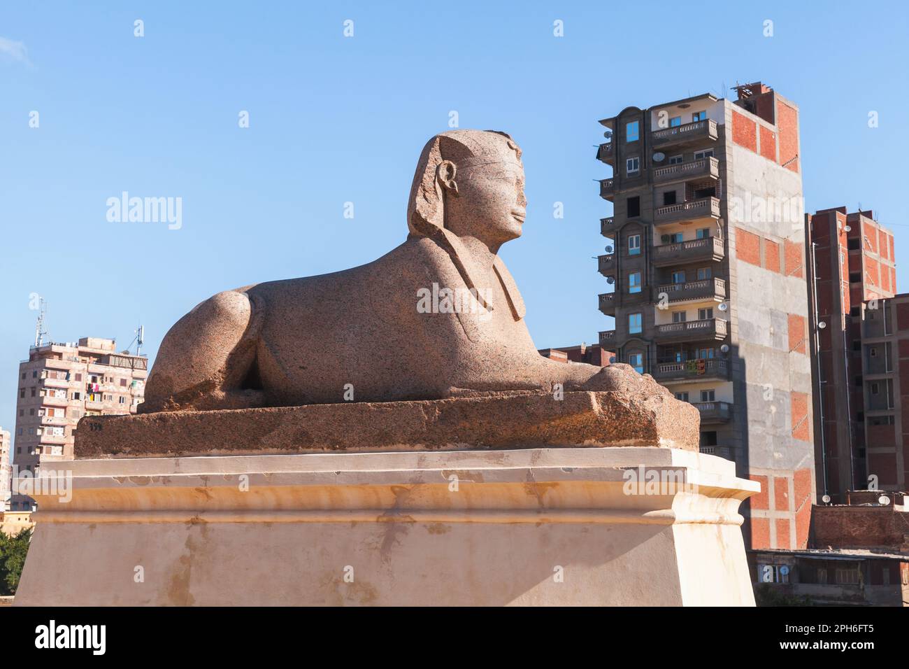 Antica statua egiziana di una Sfinge situata nel parco Pompeys Pillar ad Alessandria, Egitto Foto Stock