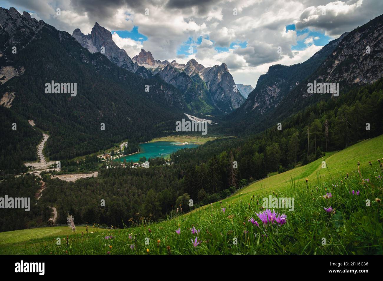 Paesaggio estivo alpino con splendide colline fiorite. Toblacher vedere lago e verde foresta con campi verdi, Dolomiti, Italia Europa Foto Stock