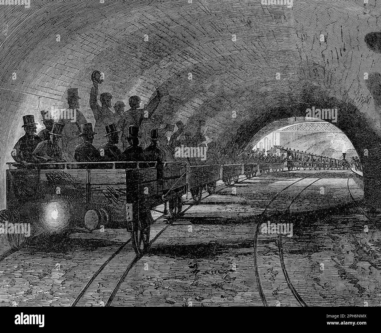 Viaggio di prova sulla metropolitana di Londra prima dell'apertura ufficiale, incisione vintage dal 1862 Foto Stock