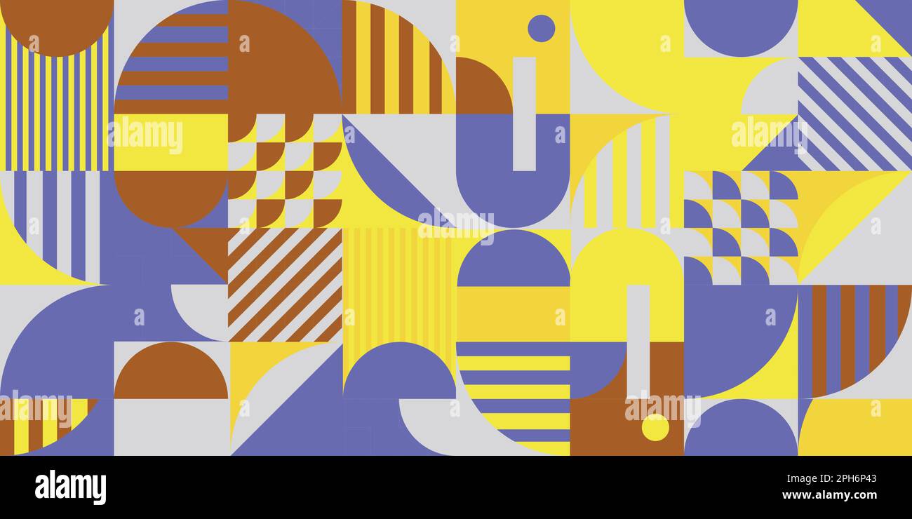 Forme astratte moderne motivo grafico geometrico con semicerchi, righe e triangoli in stile scandinavo retrò. Modello alla moda per il design. Illustrazione Vettoriale