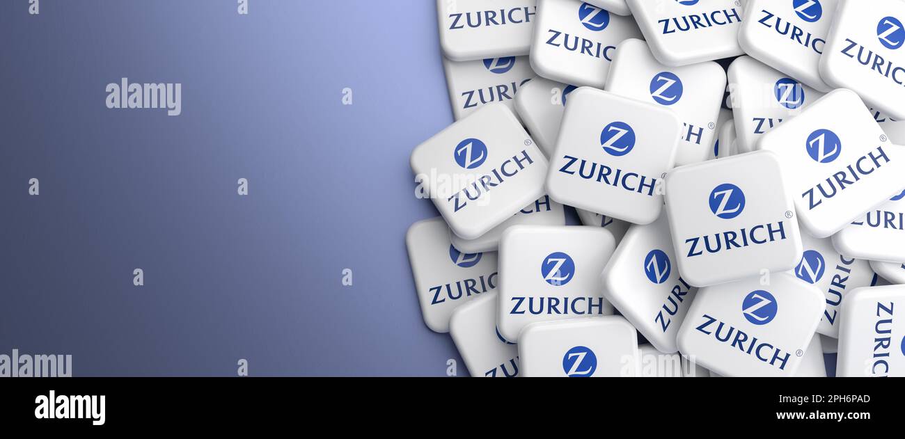 Logo della compagnia di assicurazioni svizzera Zurigo su un mucchio di tavole. Spazio di copia. Formato banner Web. Foto Stock