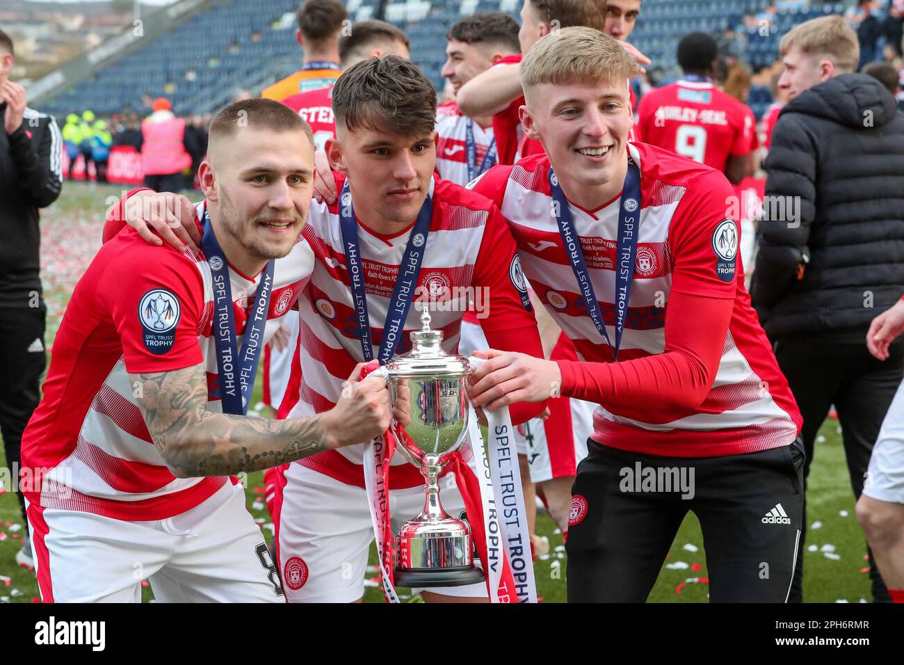 Falkirk, Regno Unito. 26th Mar, 2023. La finale del Trofeo SPFL Trust con Raith Rovers vs Hamilton Academicals è stata disputata al Falkirk Stadium, Falkirk, Scozia. Hamilton ha vinto 1 - 0, con il gol vincente segnato da Regan Tumility. Credit: Findlay/Alamy Live News Foto Stock