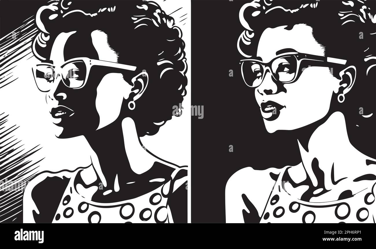 Bella linocut art o colorazione pagina di una donna afro-americana fatta per la stampa digitale arte Doodle modello per il relax e la meditazione Illustrazione Vettoriale