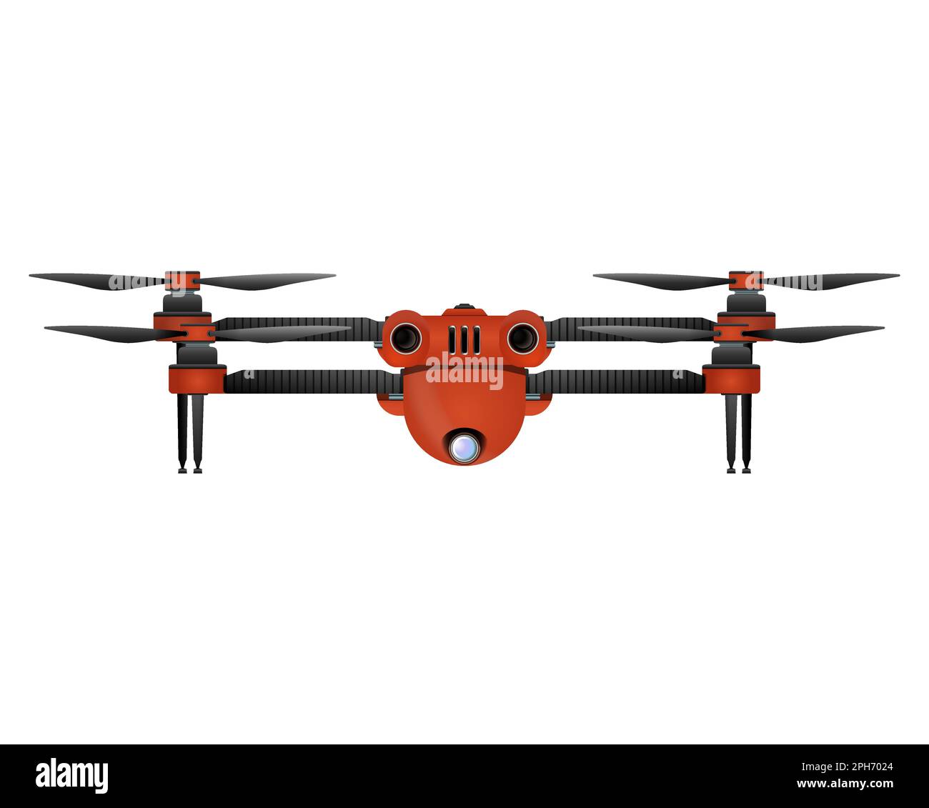 Drone in stile realistico. Quadricottero con fotocamera. Illustrazione vettoriale colorata isolata su sfondo bianco. Illustrazione Vettoriale