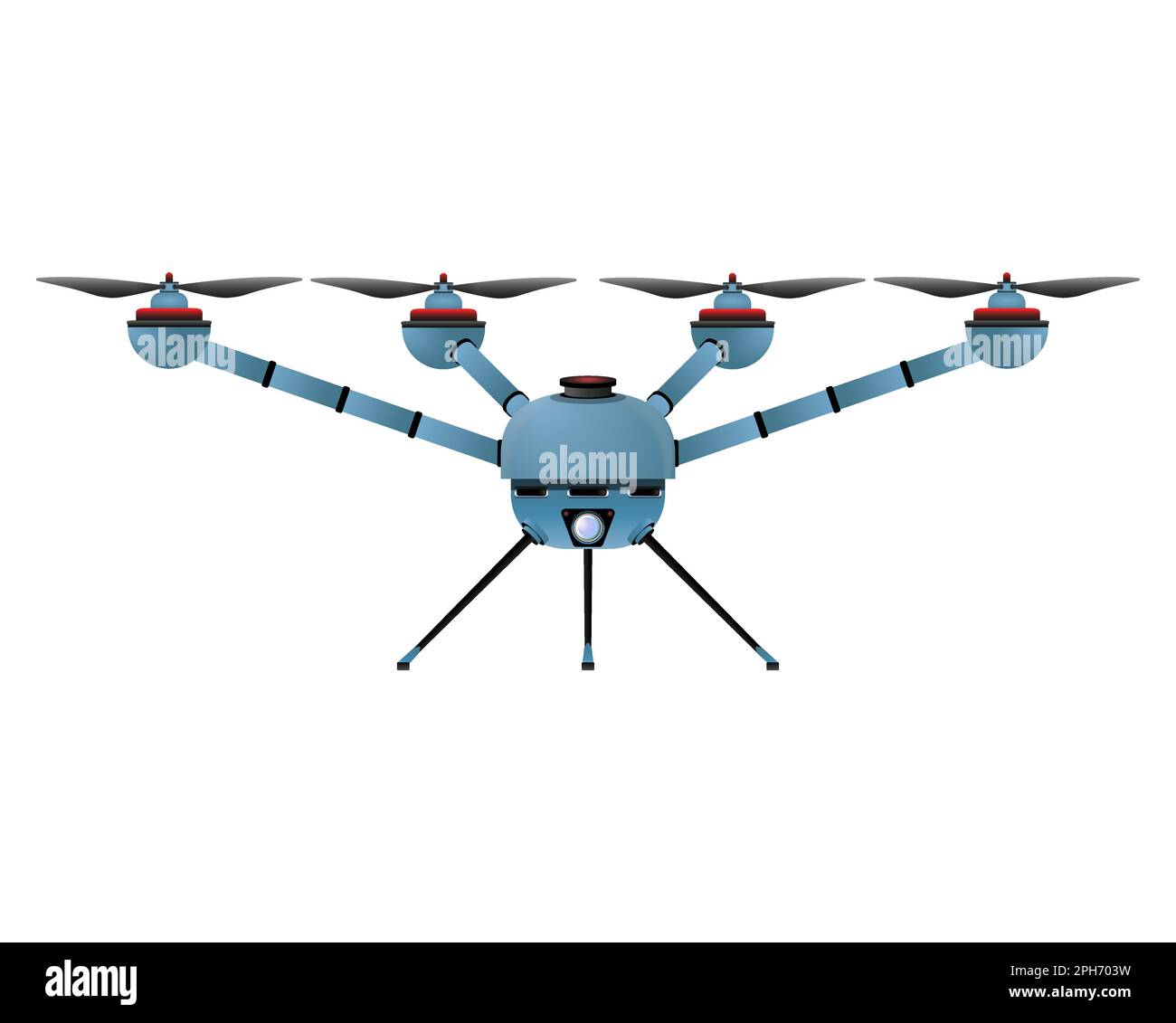Quadricottero in stile realistico. Drone blu con fotocamera. Illustrazione vettoriale colorata isolata su sfondo bianco. Illustrazione Vettoriale