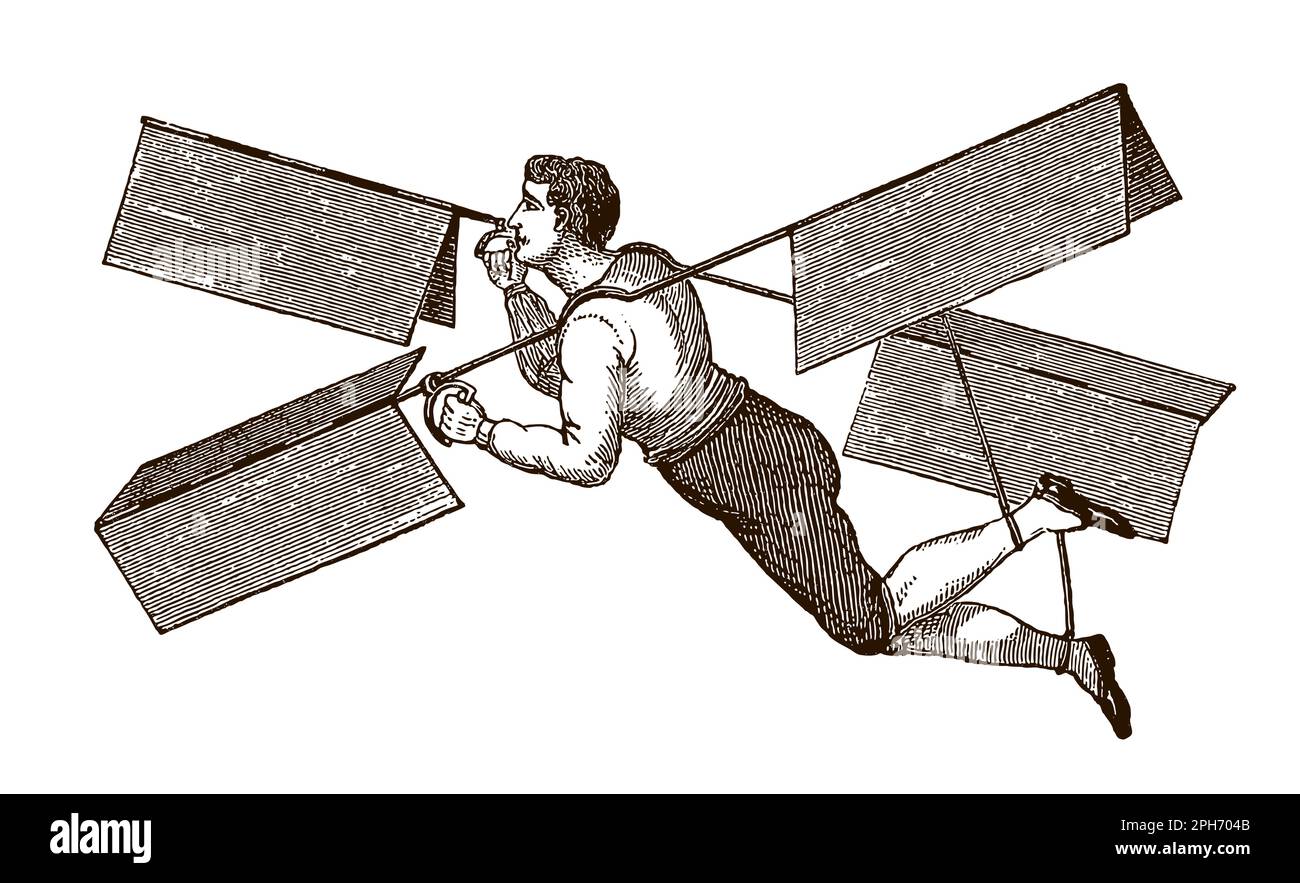 Uomo con una storica macchina volante, dopo un'antica incisione Illustrazione Vettoriale