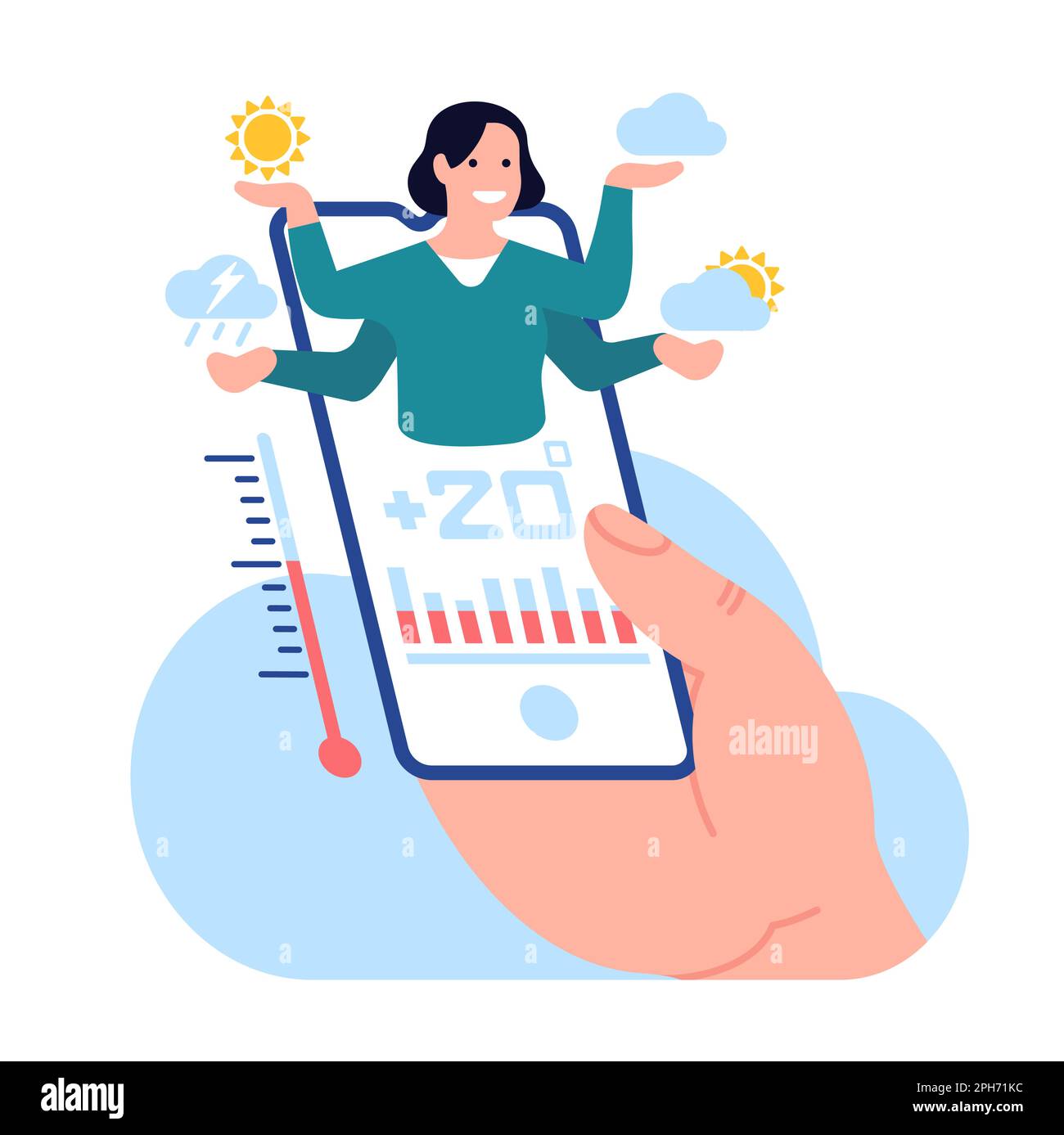 Previsioni meteo online. Moderna applicazione per smartphone. Tecnologia mobile. Referto meteorologo. Previsione Sun o cloud. App per telefono per meteorologia Illustrazione Vettoriale
