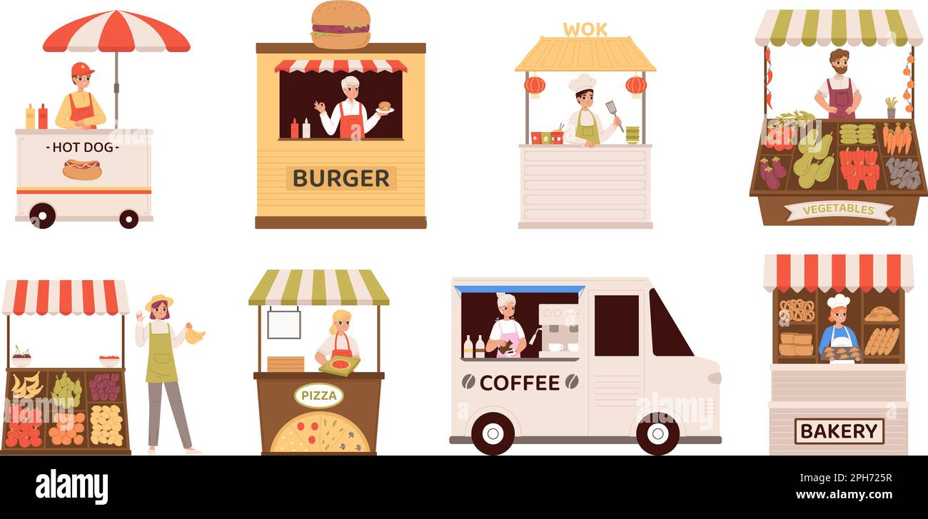 Cartoon venditori ambulanti, venditore hamburger, caffè e hot dog. Mercato del venditore, frutta e verdura fresche degli agricoltori. Stallo Bazaar snugly vettore set Illustrazione Vettoriale