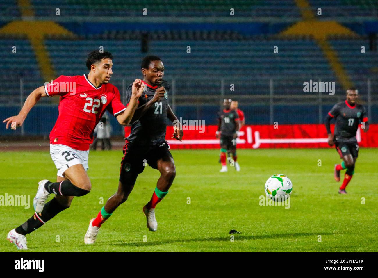 Le qualificazioni della Coppa delle Nazioni dell'Africa 2023 tra Egitto e Malawi allo Stadio Internazionale del Cairo, il Cairo, Egitto. Foto Stock