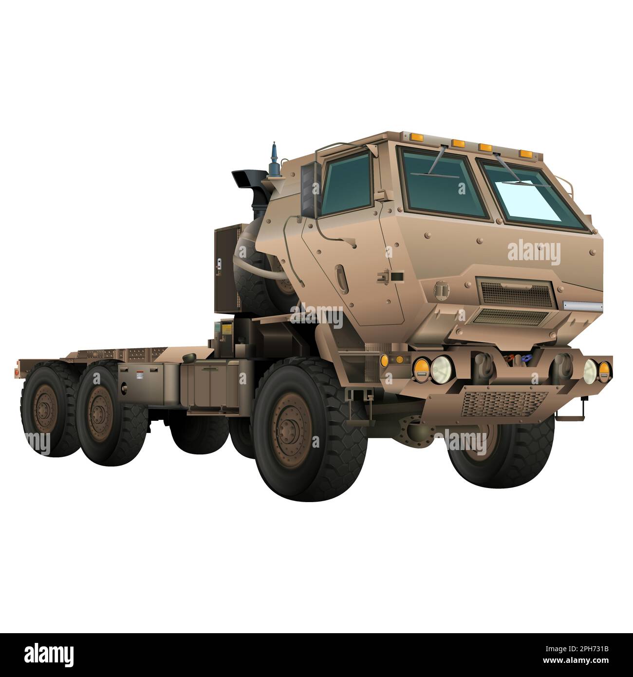 Colore sabbia camion HIMARS in stile realistico. M142 sistema di razzo ad alta mobilità per artiglieria. Camion tattico. Disegno stampabile da riempire. Illustrazione vettoriale Illustrazione Vettoriale