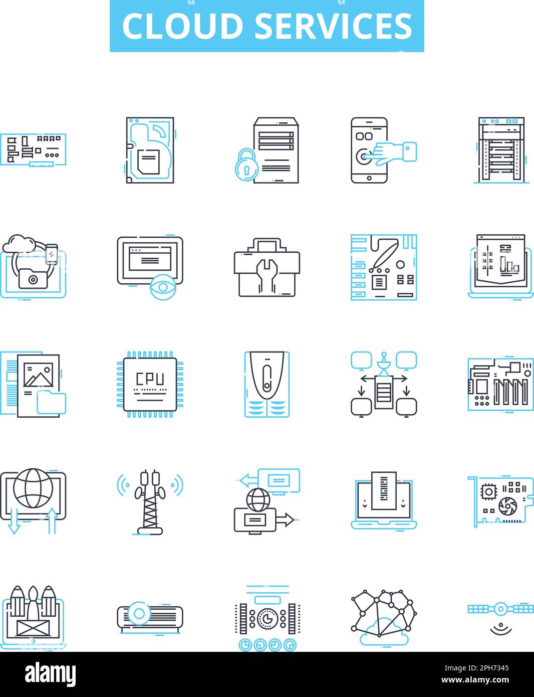 Set di icone delle linee vettoriali dei servizi cloud. Cloud, servizi, computing, hosting, storage, Illustrazione di sicurezza e virtualizzazione: Simboli dei concetti e. Illustrazione Vettoriale