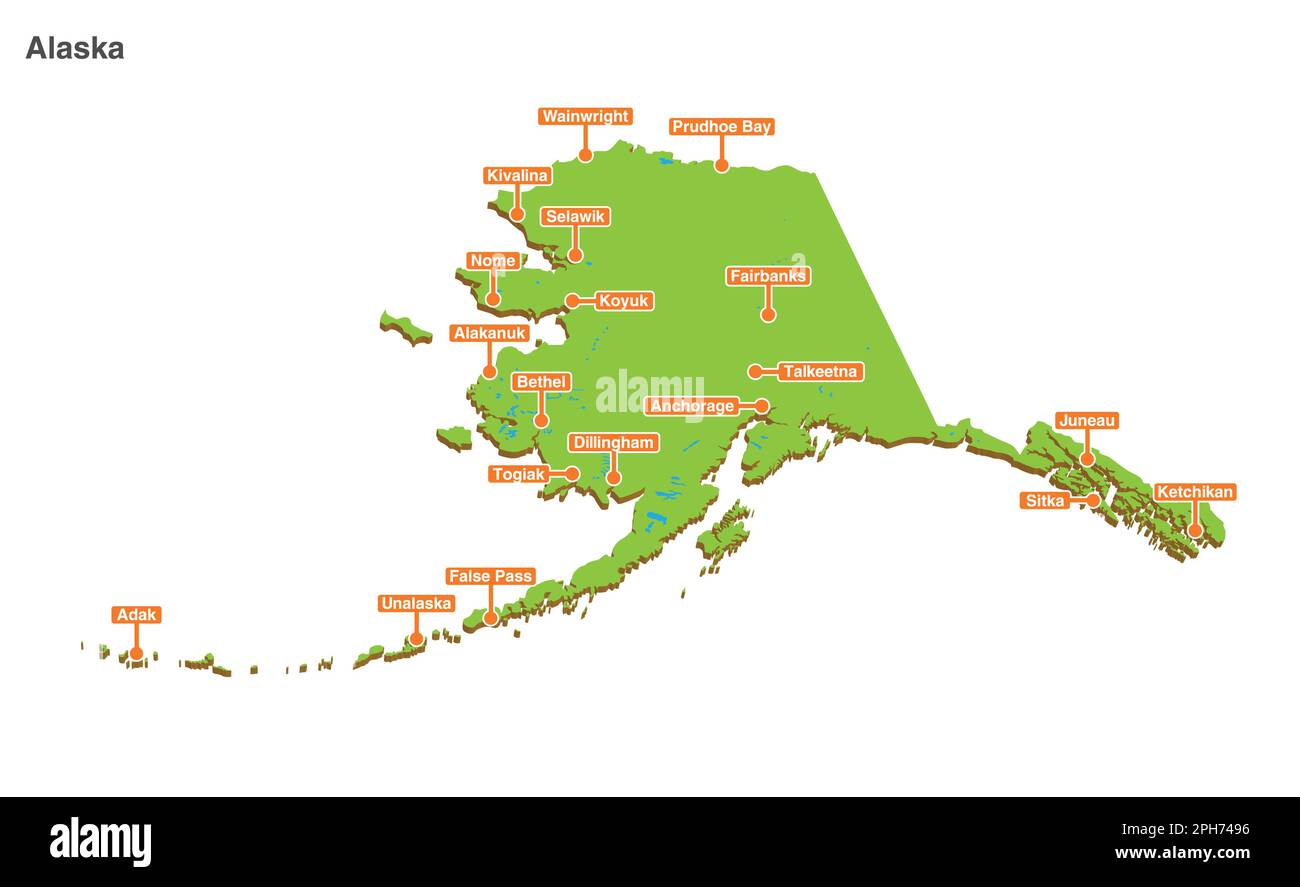 3D vettore illustrato colorato mappa turistica della regione Alaska forma con città e laghi Illustrazione Vettoriale