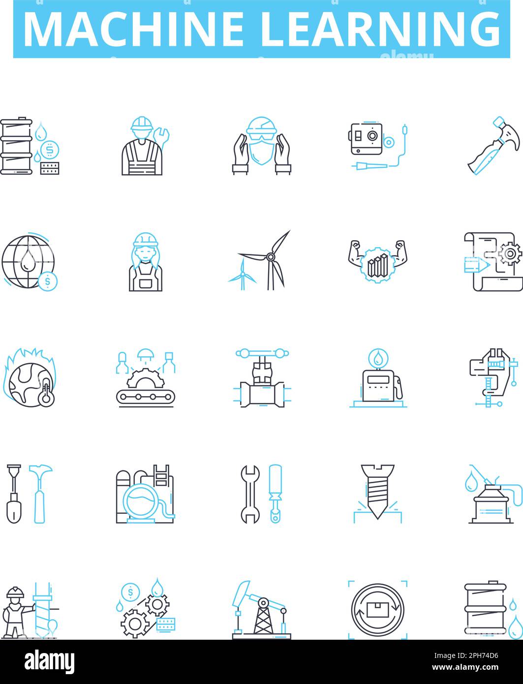 Set di icone di linee vettoriali per l'apprendimento automatico. macchina, apprendimento, artificiale, intelligenza, algoritmo, i dati, l'illustrazione del modello delineano i simboli dei concetti e. Illustrazione Vettoriale
