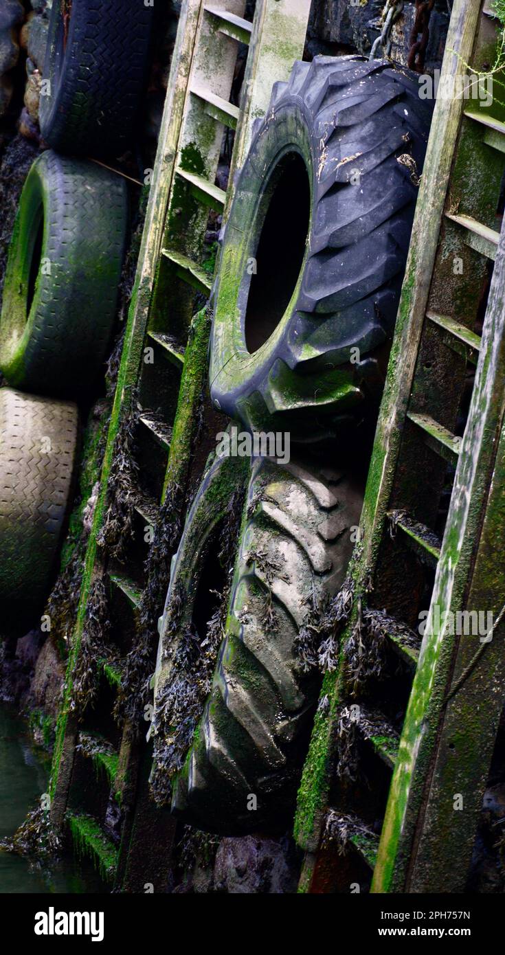I vecchi pneumatici arrestano i pescherecci e i pescherecci che urtano contro il muro. Le scale sono poste per i pescatori per salire con la bassa marea. Foto Stock