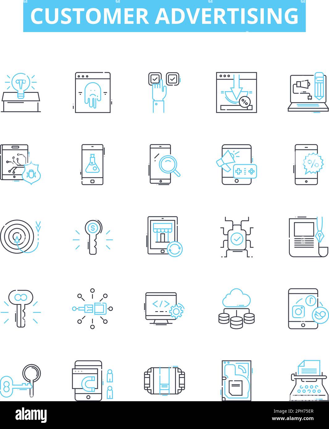 Set di icone di linee vettoriali per la pubblicità dei clienti. Pubblicizzare, cliente, promuovere, puntare, raggiungere, Aumentare, inserire l'illustrazione dei simboli e del concetto di contorno Illustrazione Vettoriale