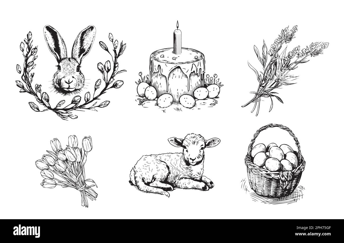Pasqua Set coniglio con fiori con torta e uova disegno a mano illustrazione Illustrazione Vettoriale