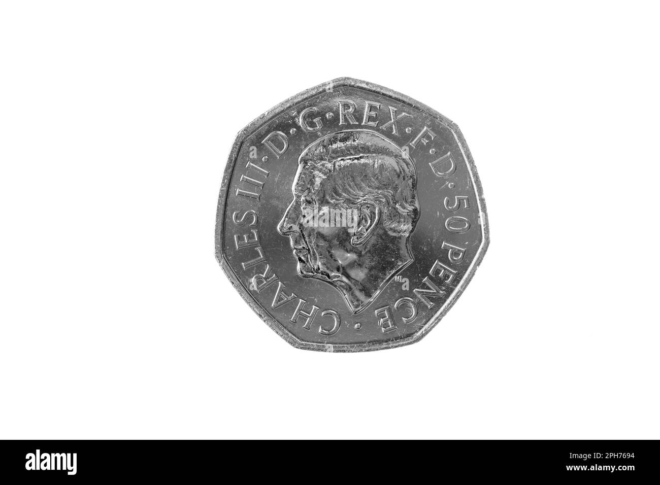 Re Carlo III moneta da cinquanta pence. Foto Stock