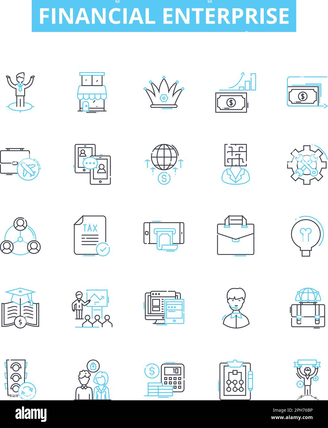 Set di icone di linee vettoriali per le imprese finanziarie. Finanza, impresa, investimenti, settore bancario, contabilità, Fiscalità, illustrazione di ricchezza delineano il concetto Illustrazione Vettoriale