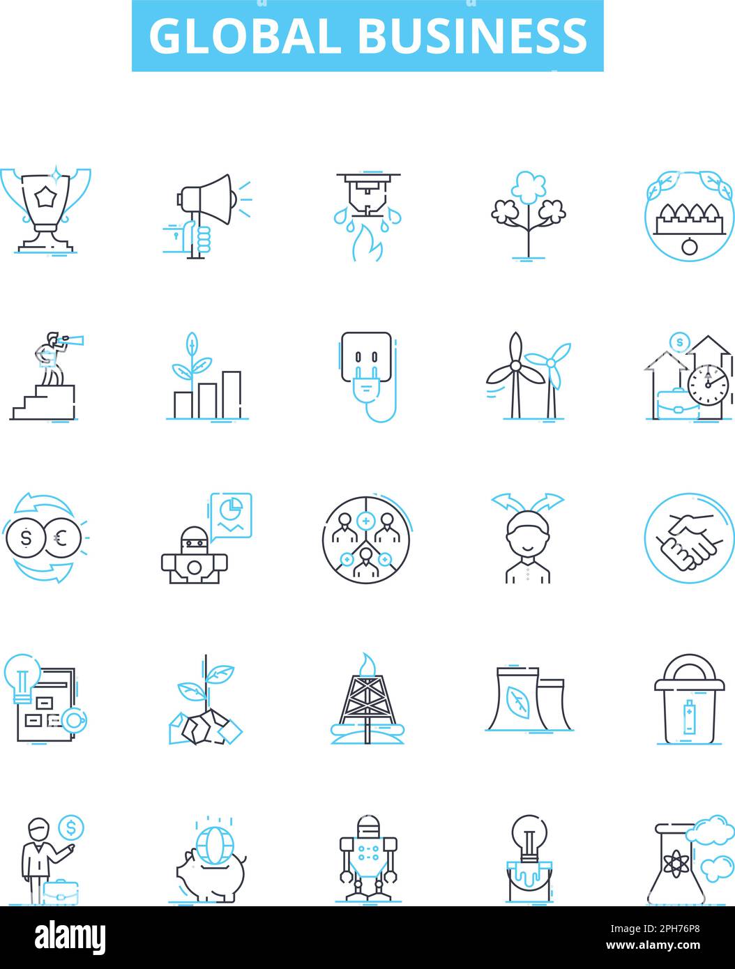 Set di icone delle linee vettoriali globali per le aziende. Globale, business, internazionale, economia, marketing, commercio, commercio illustrazione delineare i simboli di concetto e. Illustrazione Vettoriale