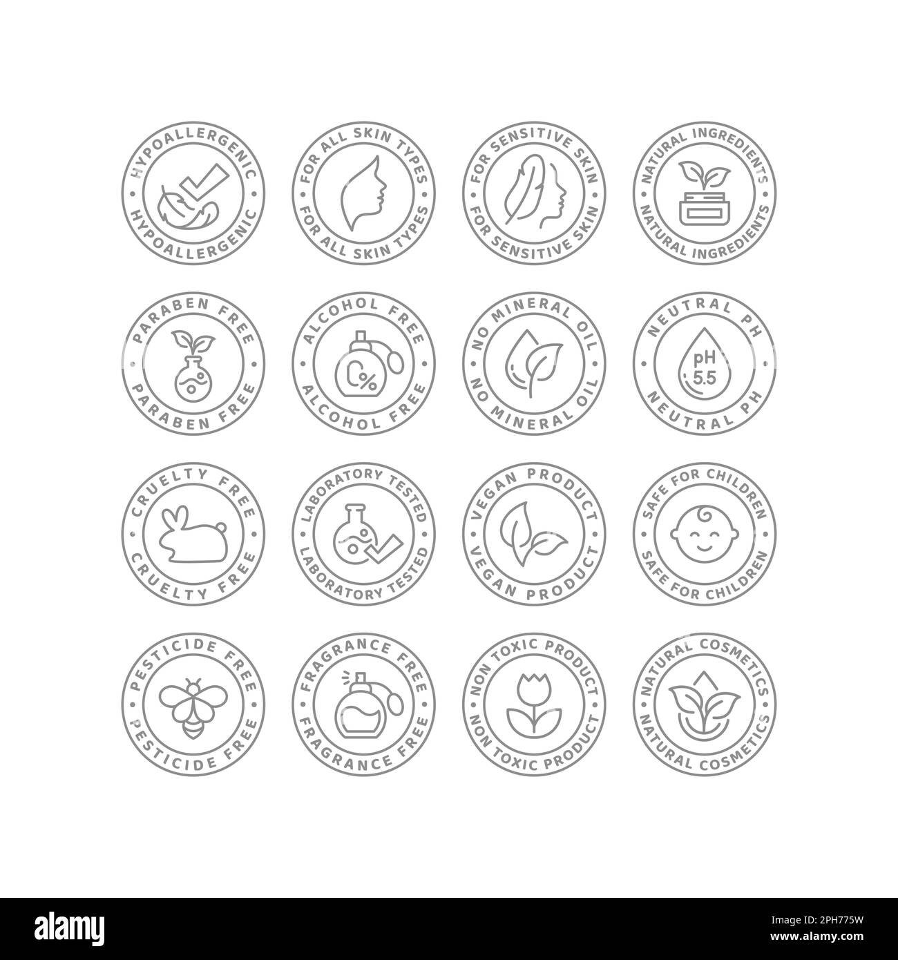 Set di etichette per la linea cosmetica e per la cura della pelle. Etichette vettoriali per cosmetici naturali ipoallergeniche e prive di parabeni. Illustrazione Vettoriale