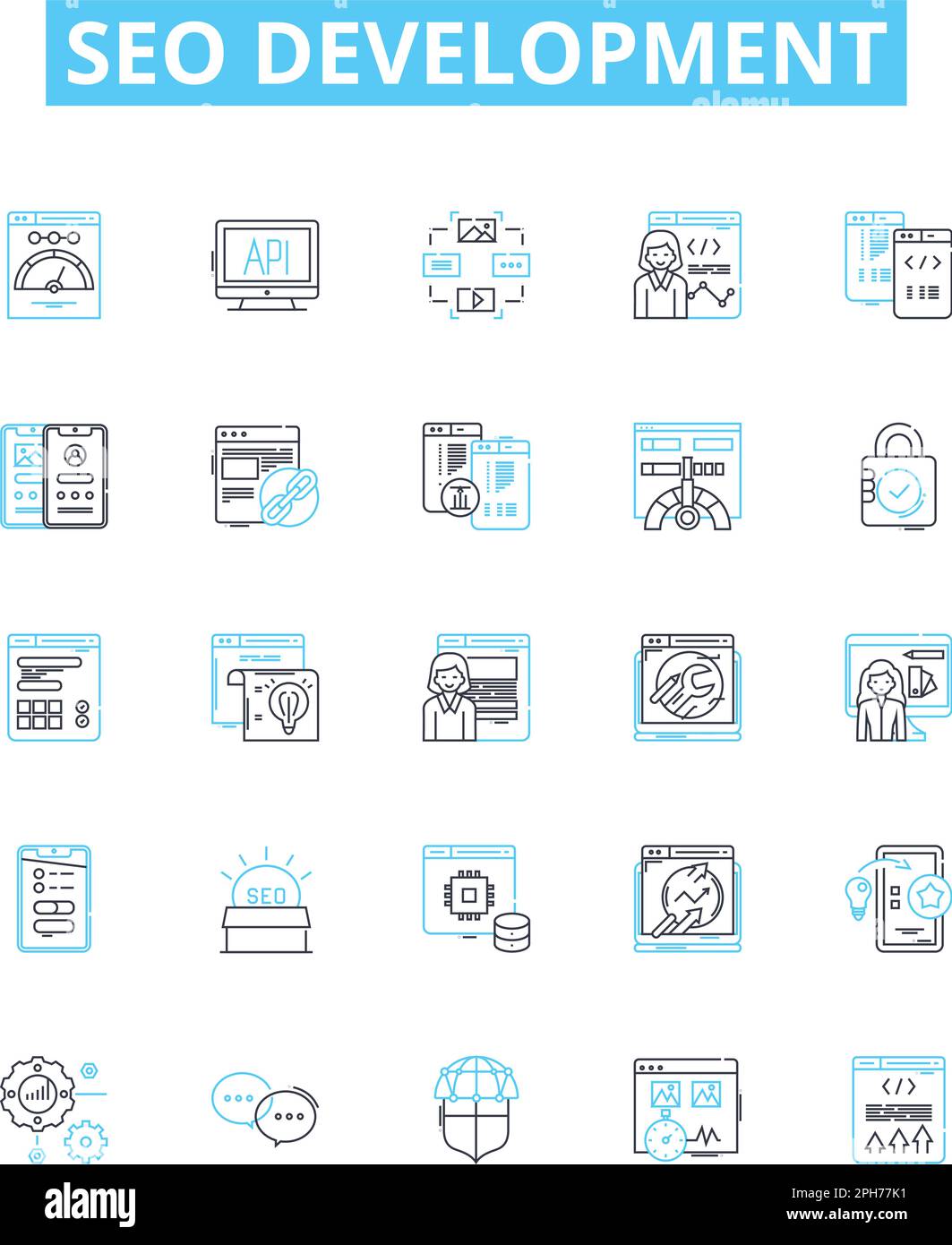 seo vettore sviluppo linea icone set. SEO, sviluppo, Ricerca, motore, ottimizzazione, Le strategie, l'illustrazione di classificazione delineano i simboli di concetto e. Illustrazione Vettoriale
