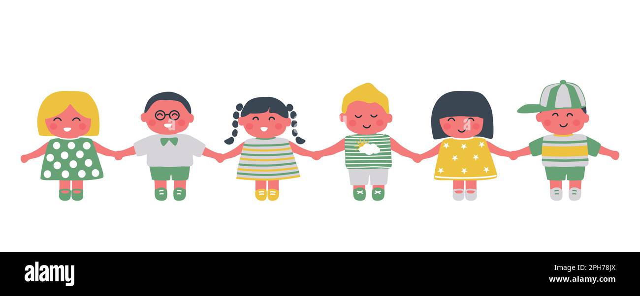 bambini piccoli che tengono le mani. Ragazze e ragazzi carini. Diversi personaggi dei cartoni animati. Illustrazione vettoriale Illustrazione Vettoriale