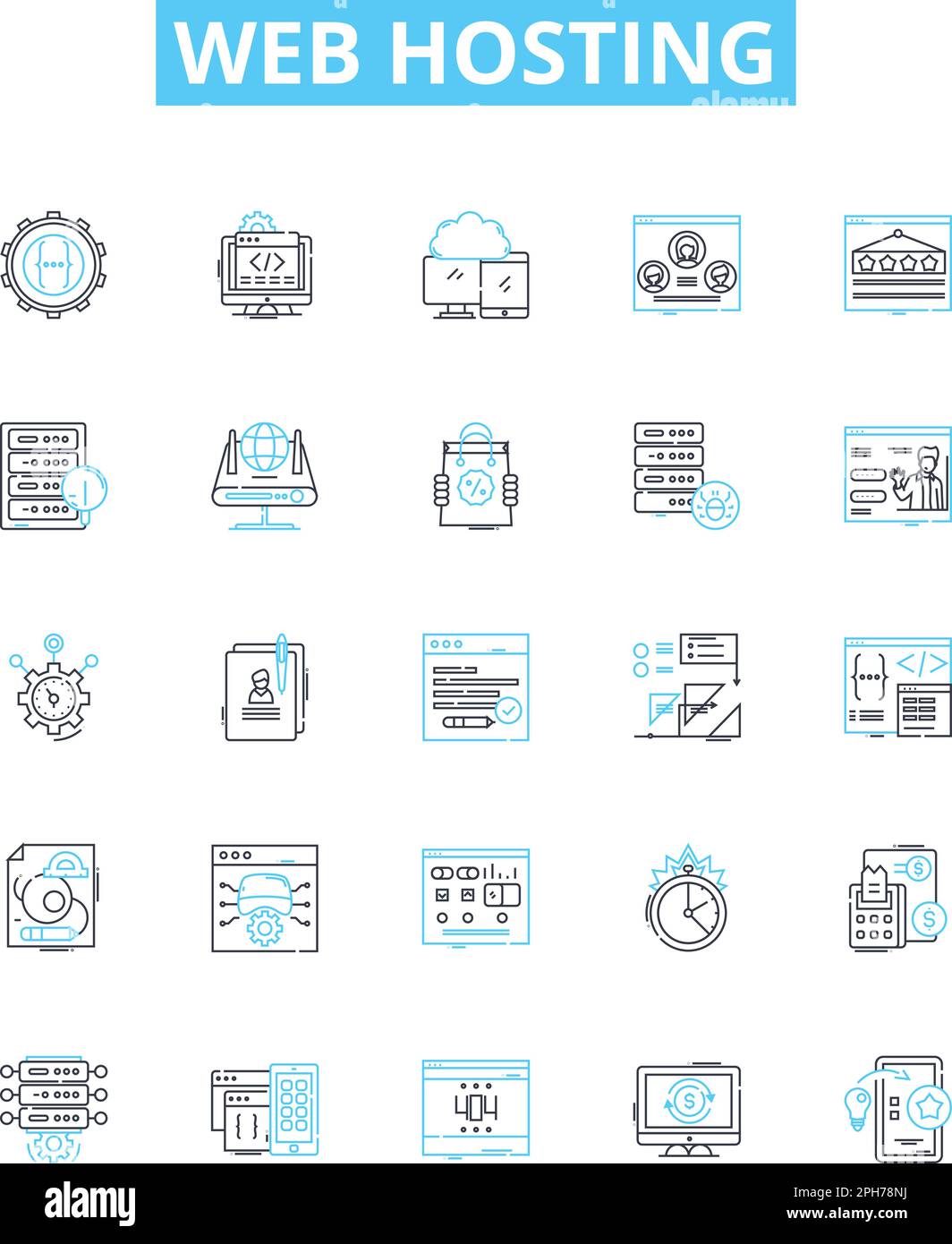 Set di icone della linea vettoriale di Web Hosting. Hosting, Web, sito Web, cloud, domini, Server, illustrazione dei dati delineare simboli e segni concettuali Illustrazione Vettoriale