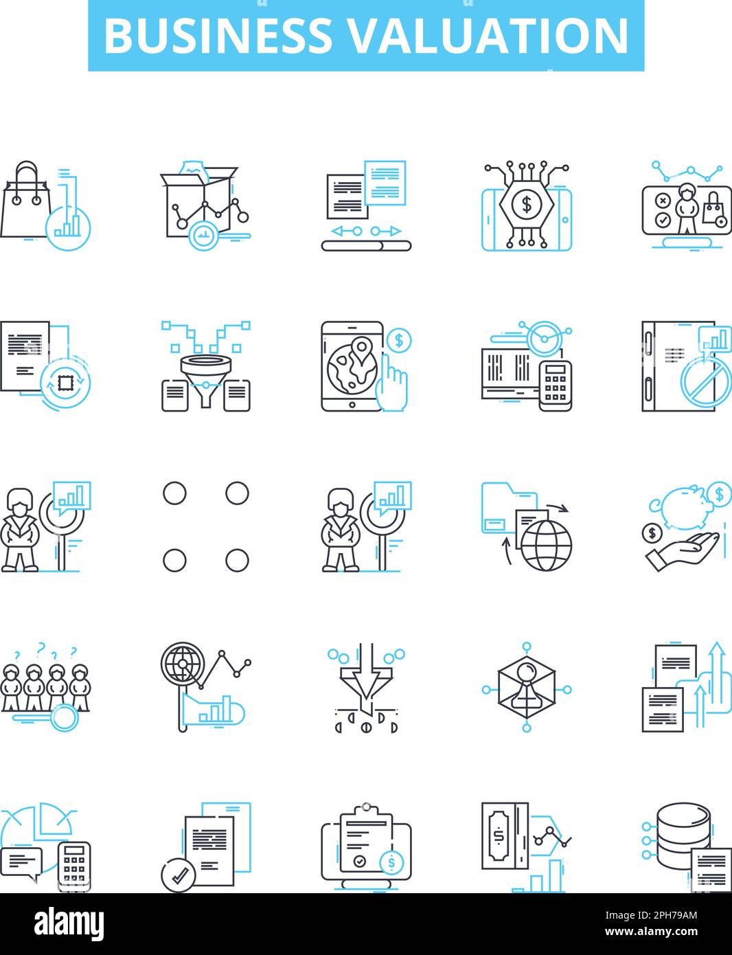 Set di icone di linee vettoriali per la valutazione aziendale. Valutazione, attività, analisi, asset, prezzo, Mercato, illustrazione di equità delineano i simboli e i segni di concetto Illustrazione Vettoriale