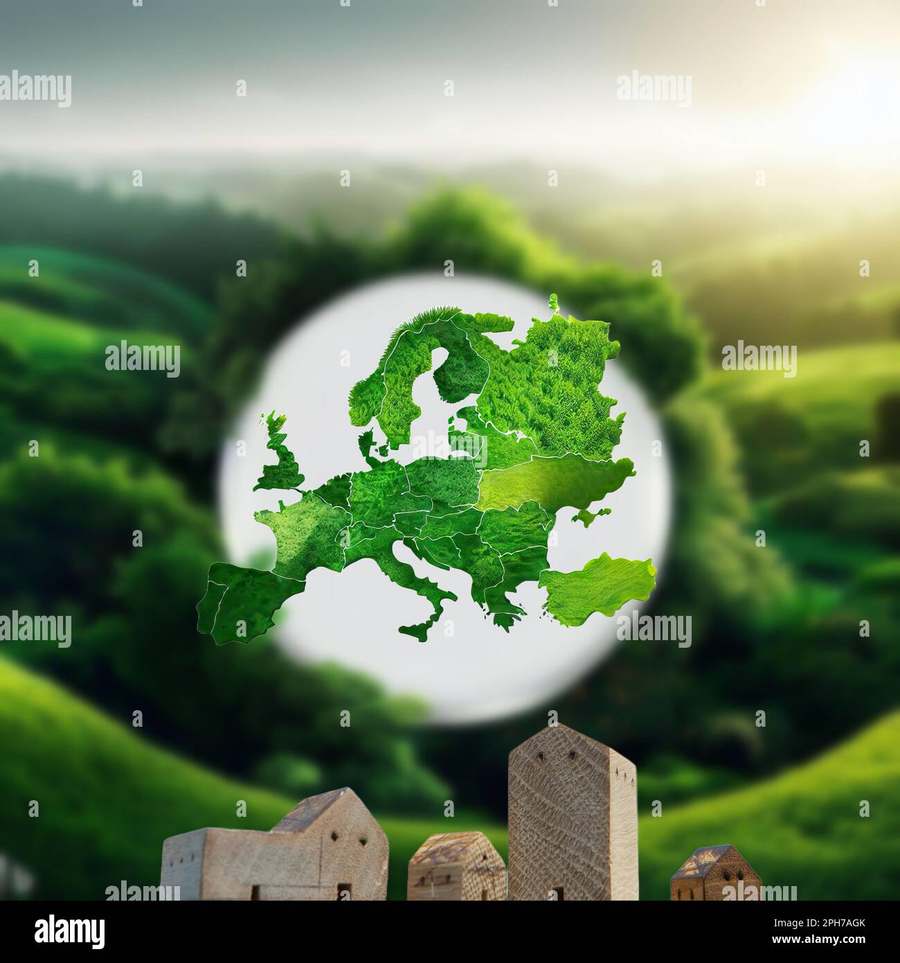 Un'immagine metaforica eco-tematica - che rappresenta l'Europa verde, ecologica ed eco-sostenibile (concetto del mondo verde, risparmio ambientale) Foto Stock