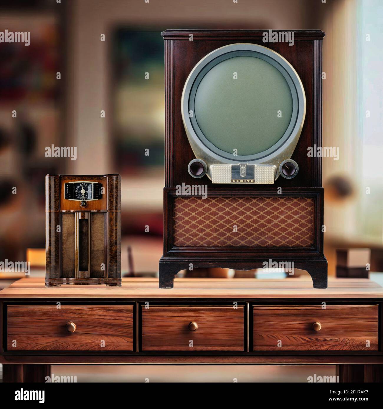 Una radio e una TV vintage su un elegante tavolo vintage Foto Stock