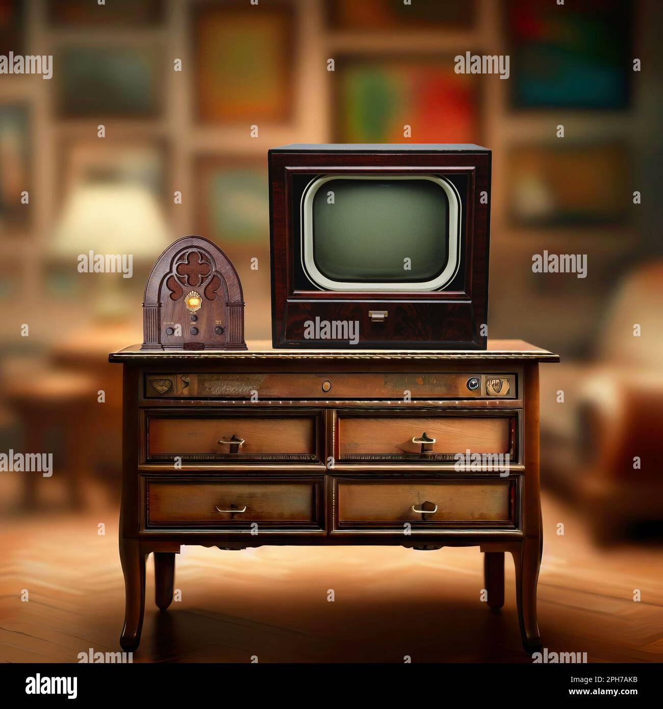 Una radio e una TV vintage su un elegante tavolo vintage Foto Stock