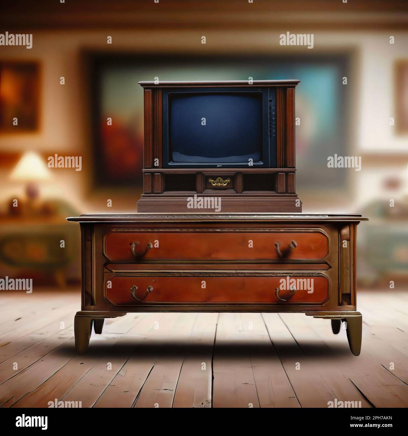 Un televisore d'epoca in cima ad un antico tavolino da caffè Foto Stock