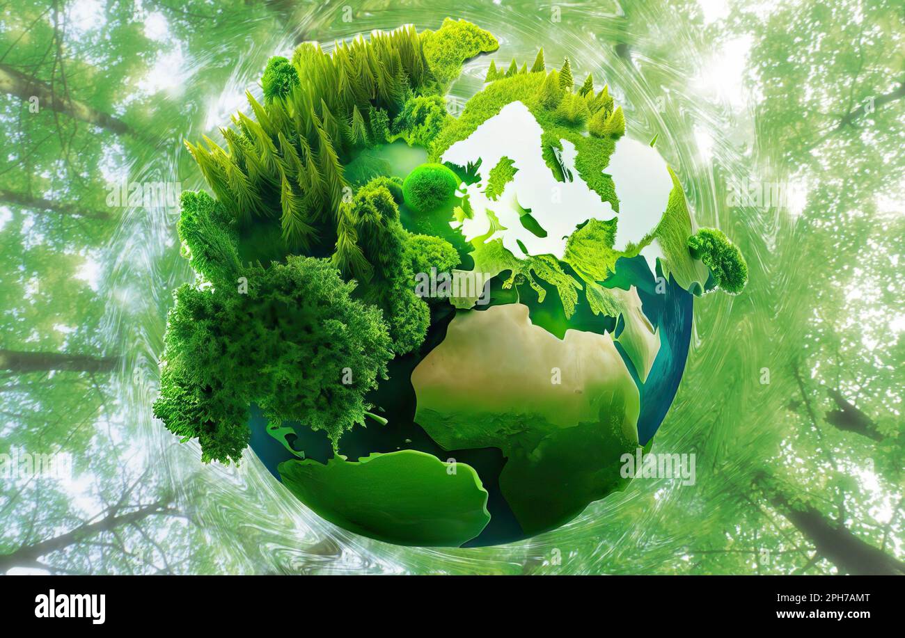 Concetto di ecologia - Un'immagine metaforica ecologica a tema - concetto di mondo verde, salvare l'ambiente, salvare il pianeta pulito Foto Stock