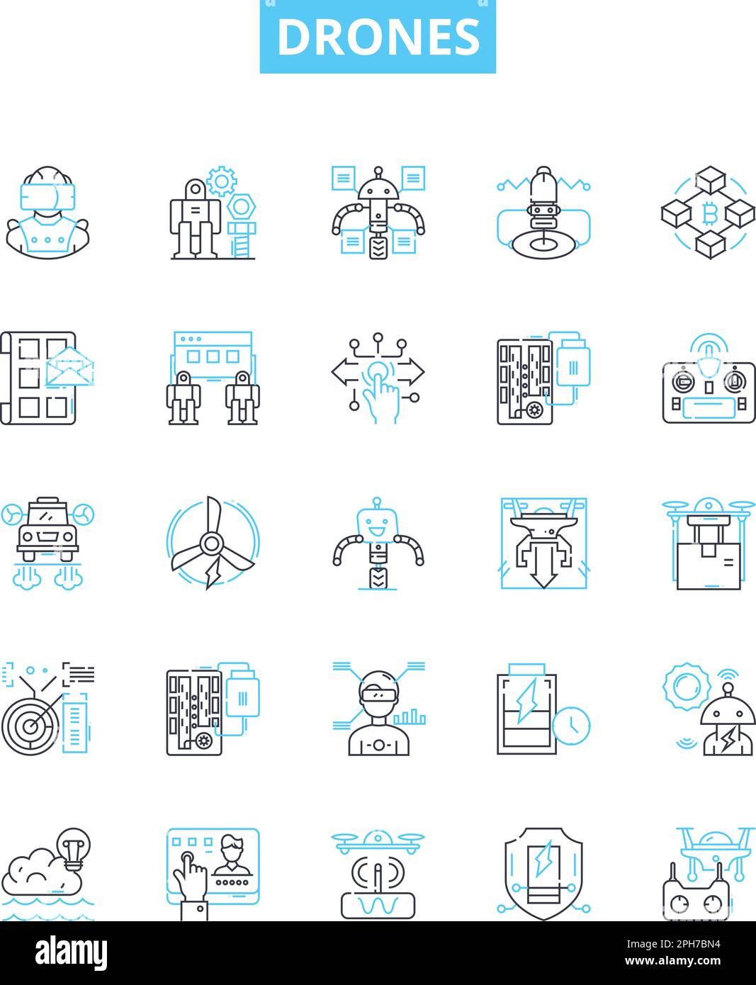 Set di icone di linee vettoriali droni. Droni, quadricopi, UAV, robot volanti, multi-rotore, l'illustrazione del telecomando autonomo illustra i simboli dei concetti Illustrazione Vettoriale