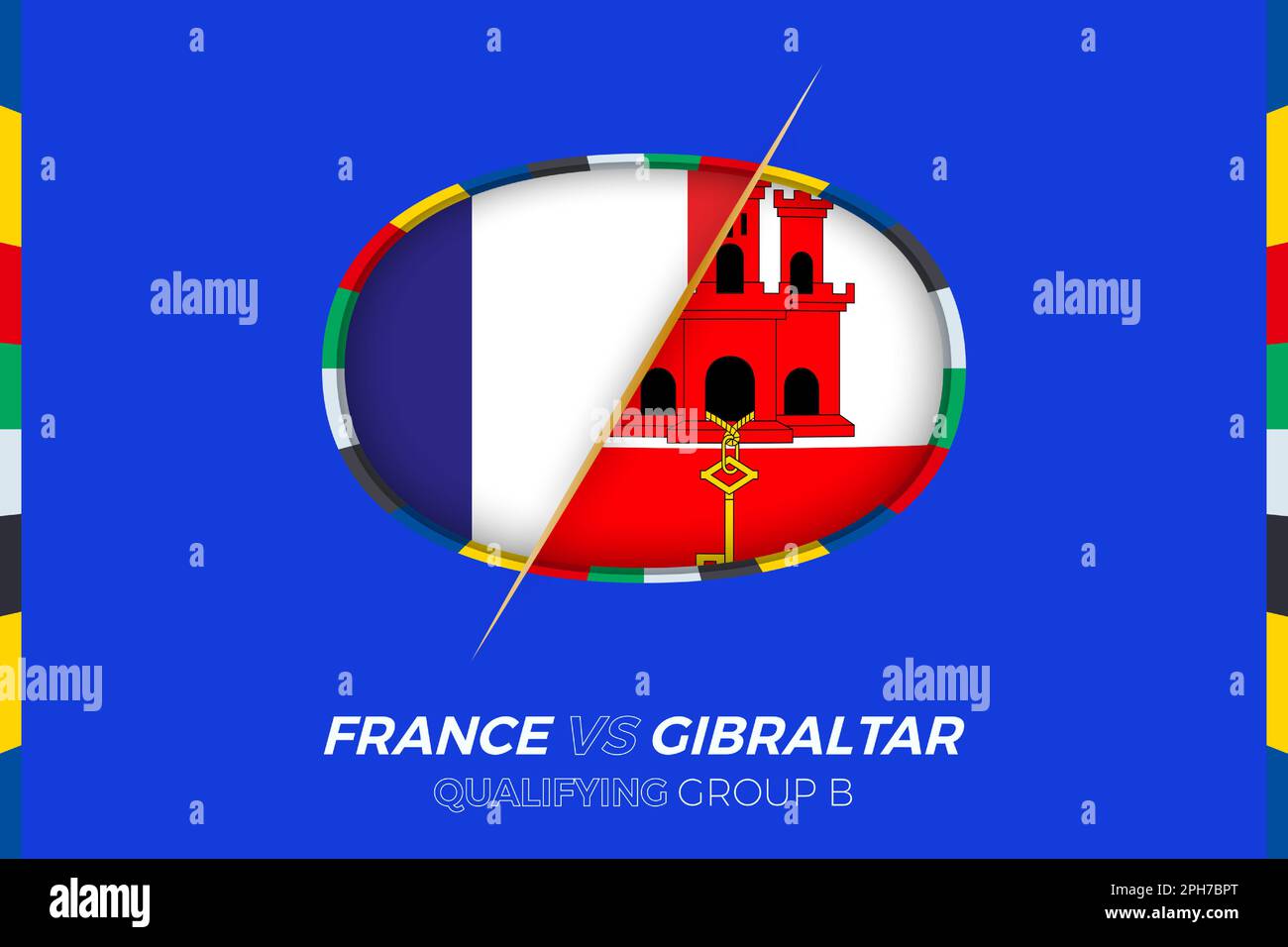 Icona Francia vs Gibilterra per le qualifiche dei tornei europei di calcio, gruppo B. icona del concorso sullo sfondo stilizzato. Illustrazione Vettoriale