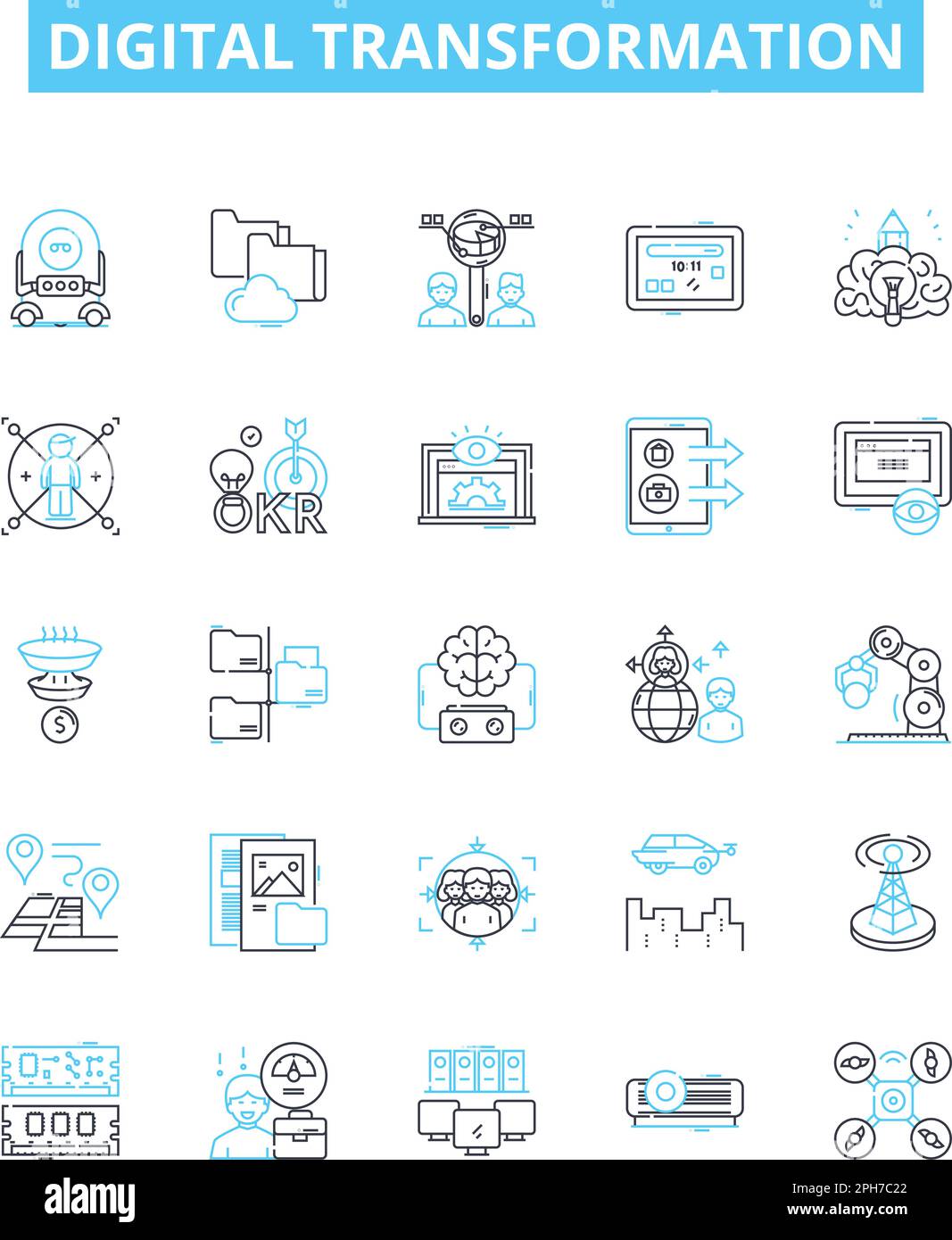 Set di icone di linee vettoriali per la trasformazione digitale. Digitale, trasformazione, tecnologia, automazione, innovazione, Sistemi, schema di illustrazione del processo Illustrazione Vettoriale