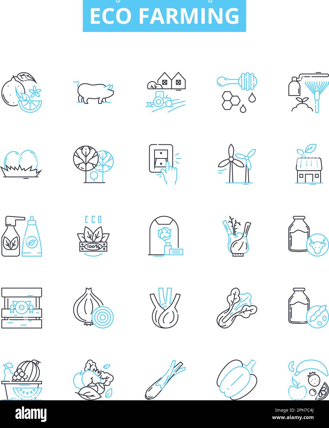 Set di icone delle linee vettoriali Eco Farming. Eco-agricoltura, sostenibile, biologica, Agricoltura, Verde, Rigenerativo, illustrazione dell'ambiente concetto di contorno Illustrazione Vettoriale