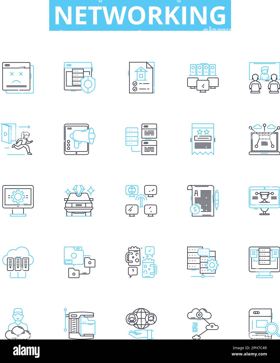 Set di icone delle linee vettoriali di rete. Rete, LAN, WAN, WiFi, Router, Hub, illustrazione Ethernet delineare simboli e segnali concettuali Illustrazione Vettoriale