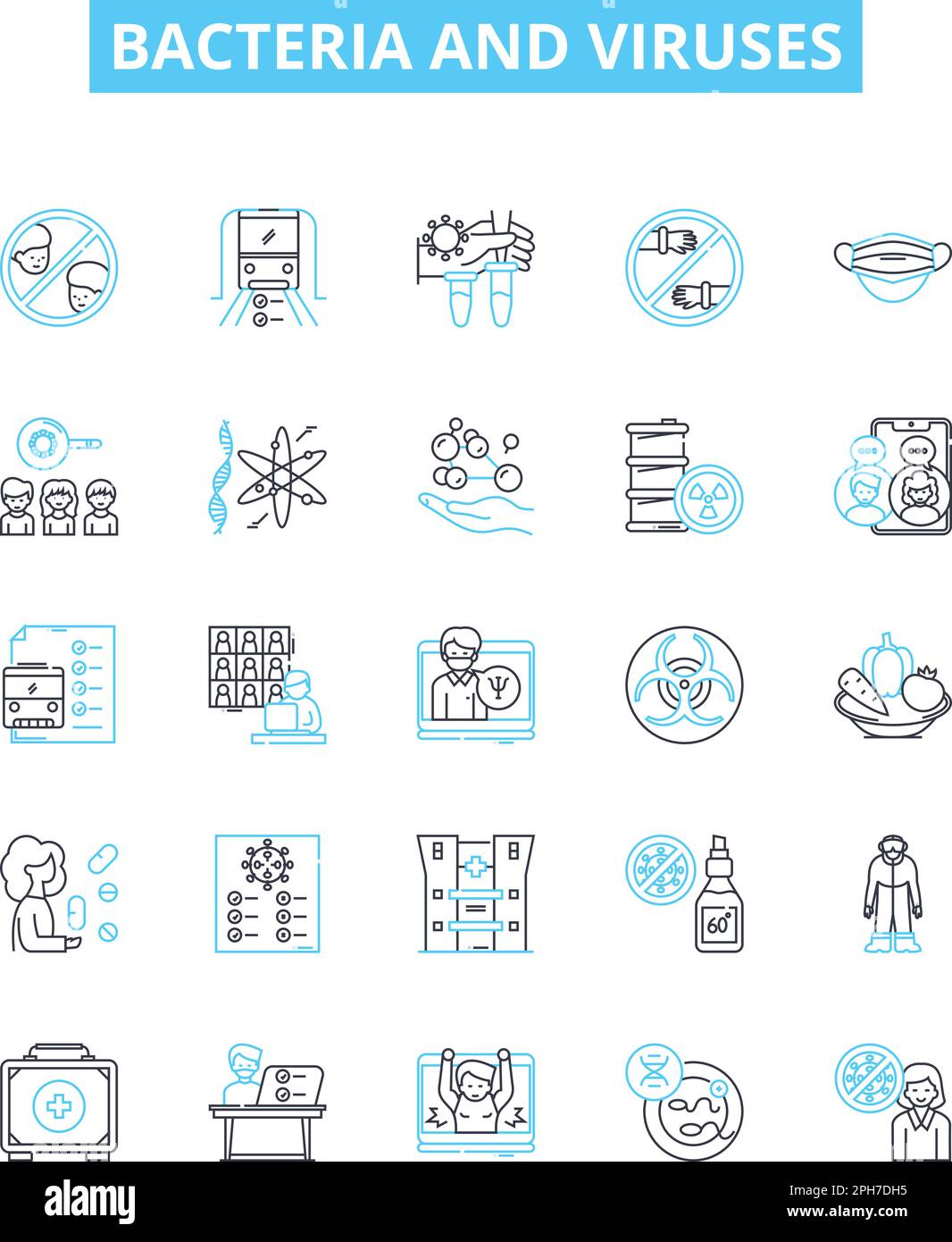 Set di icone di linee vettoriali per batteri e virus. Batteri, virus, microbi, patogeni, antibiotico, Concetto di illustrazione antimicrobica, antivirale Illustrazione Vettoriale