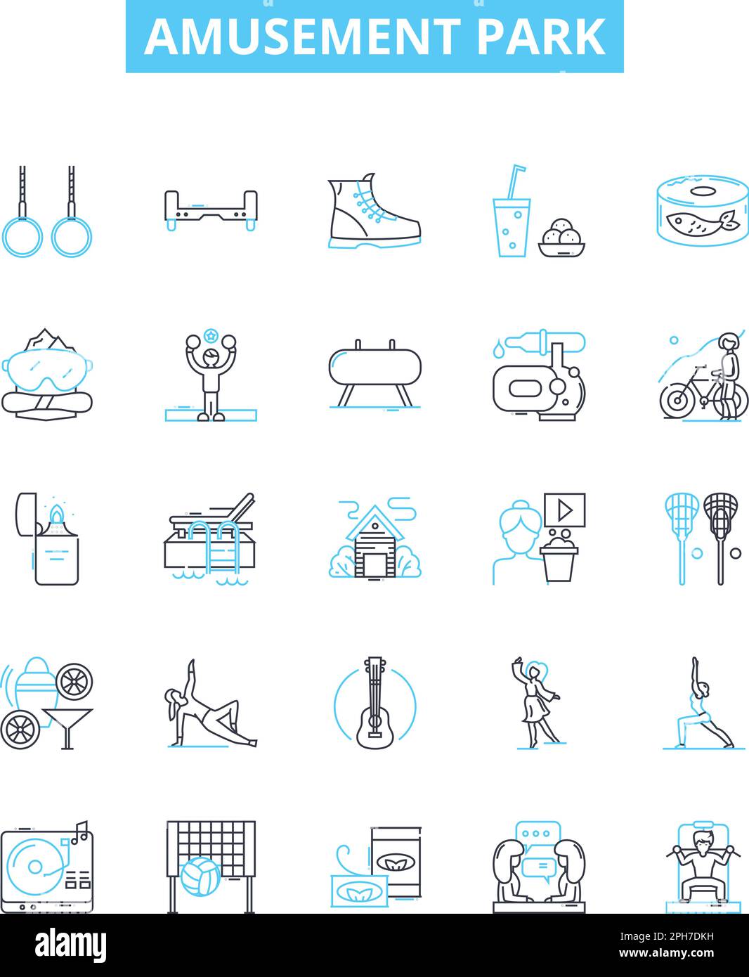 set di icone della linea vettoriale del parco divertimenti. Festival, parco giochi, carnevale, giostre, sala giochi, rollercoaster, ferris-wheel illustrazione delineare i simboli concettuali Illustrazione Vettoriale