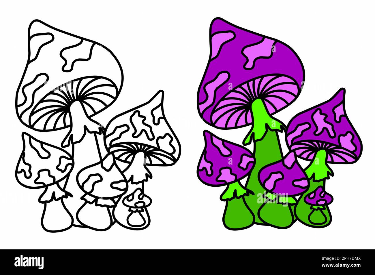 Imposta il fungo divertente con un motivo a forma di doodle. Libro da colorare per bambini e adulti Illustrazione Vettoriale