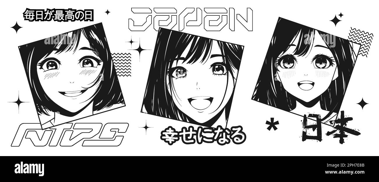 anime girlAsian girlAsian ragazze in stile anime e Y2K elementi e lettere eleganti Illustrazione Vettoriale
