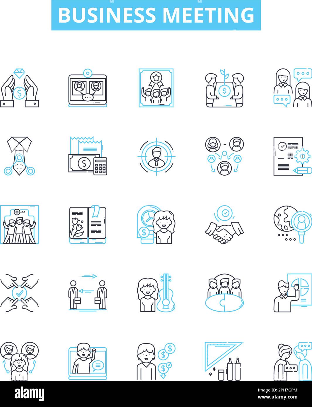 Set di icone di linee vettoriali per riunioni aziendali. Business, Meeting, Conferenza, cliente, Agenda, Gruppo, illustrazione della strategia delineare i simboli e i segnali del concetto Illustrazione Vettoriale