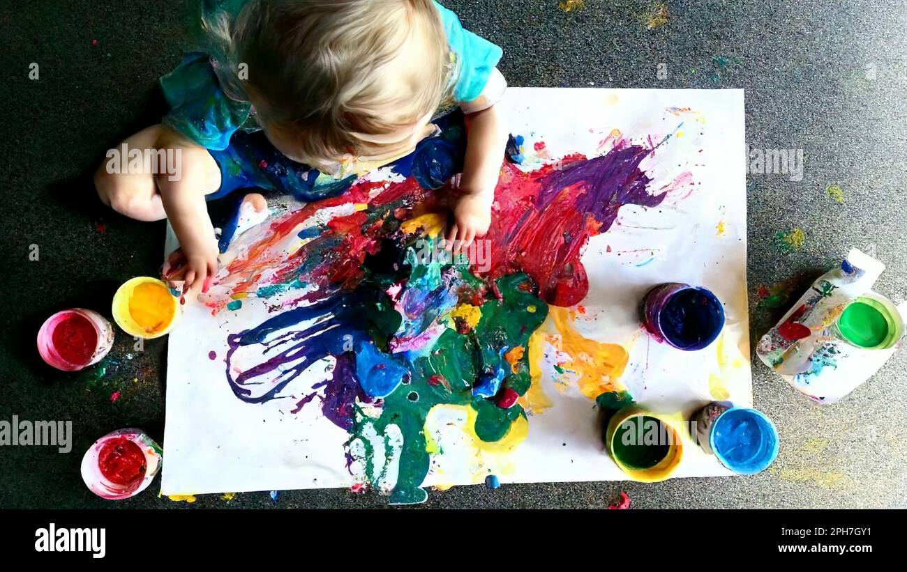 Pittura per bambini con pennello all'asilo usando vernici multicolore. Arte  terapia per bambini. Attività divertenti per i bambini. Mani confuso.  Generi Foto stock - Alamy