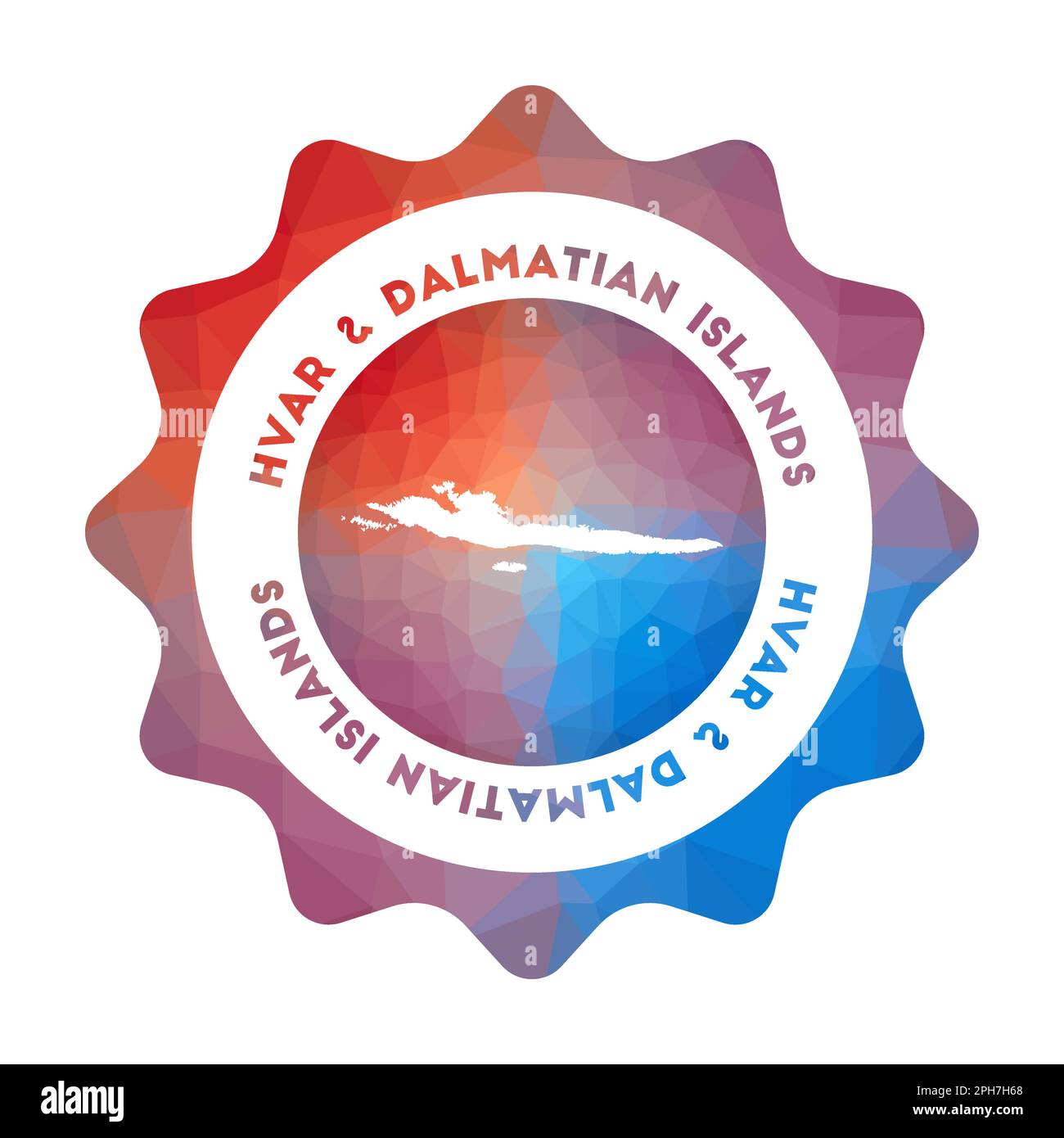 Logo basso in polietilene per le isole di Hvar e Dalmazia. Colorato logo di viaggio gradiente dell'isola in stile geometrico. Illustrazione Vettoriale