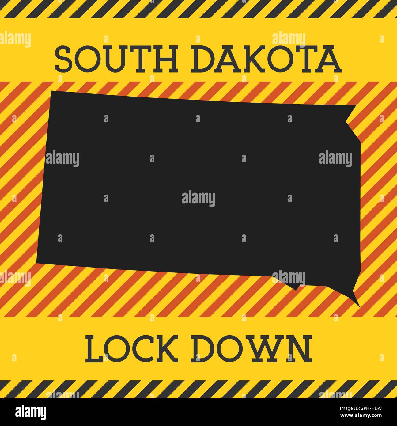 Cartello di blocco South Dakota. Icona gialla di pericolo per la pandemia di stato statunitense. Illustrazione vettoriale. Illustrazione Vettoriale